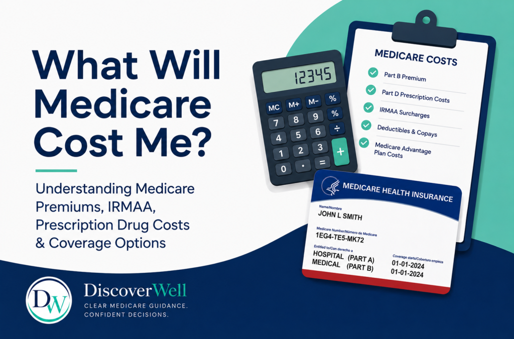 Infographic about Medicare costs showing the title 'What Will Medicare Cost Me?' with a calculator, a checklist, and a Medicare health insurance card.