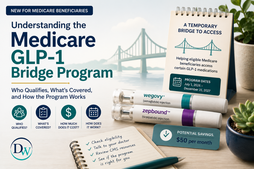 Infographic about the Medicare GLP-1 Bridge Program for new beneficiaries, highlighting who qualifies, what's covered, cost, and how it works with syringe visuals on a desk backdrop.
