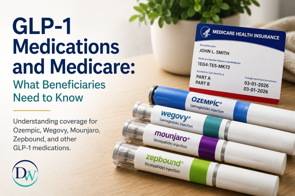 Informational graphic about GLP-1 medications and Medicare with prescription pens and a Medicare card on a desk